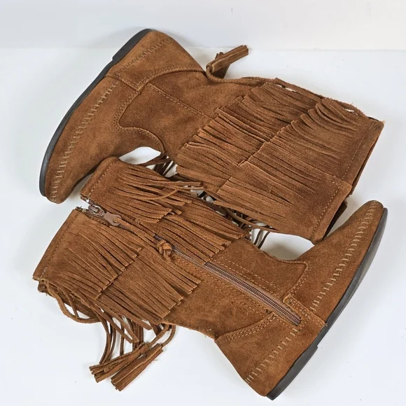 Minnetonka Double Fringe Suede Moccasin Indie Boho Boots Brown Size 5 - Picture 6 of 16